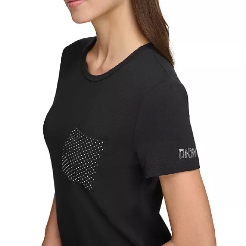🆕DKNY Women's Studded Pocket Short-Sleeve Shirt Black Size Small - Picture 3 of 7